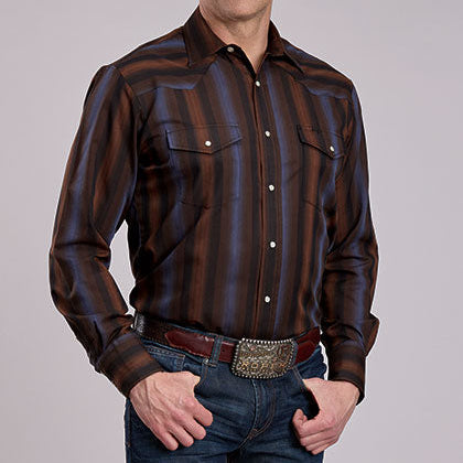Roper Men's L/S Yarn Dyed Striped Western Snap Shirt in Brown and Blue