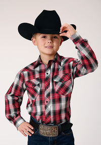 Roper Boy's Classic Long Sleeve Plaid Western Snap Shirt In Red/Black/Grey