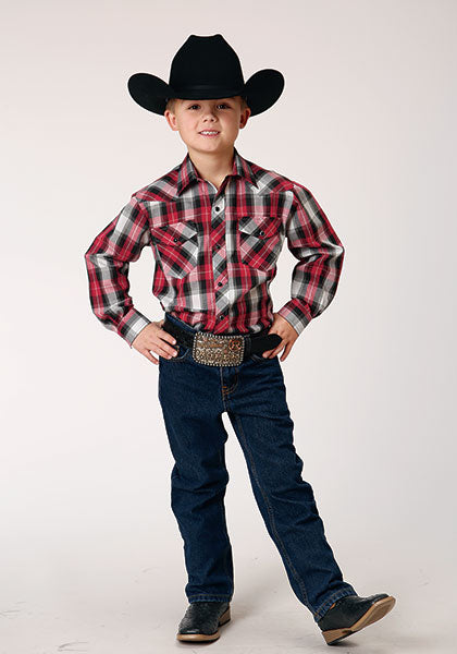 Roper Boy's Classic Long Sleeve Plaid Western Snap Shirt In Red/Black/Grey