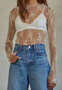 Women's Aubrey Jacquard Lace Long Sleeve Mock Neck Shirt in Ivory