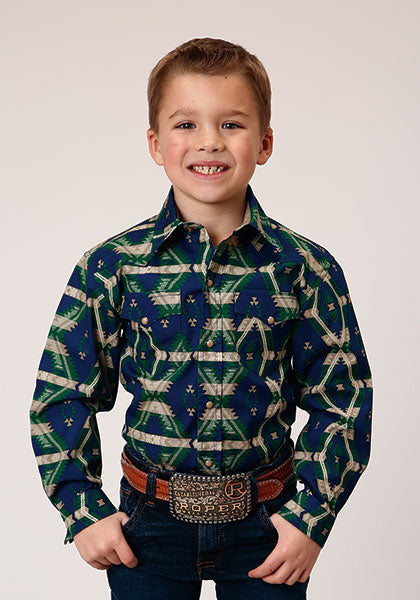 Roper Boy's Navy Aztec Stripe Snap Shirt