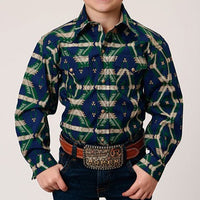 Roper Boy's Navy Aztec Stripe Snap Shirt