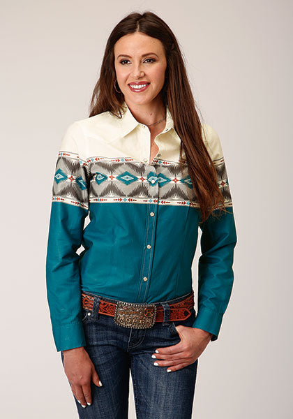 ROPER Women's TWO TONE TURQUOISE POLYESTER Western Snap Shirt