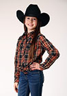 Roper Girl's L/S Plaid Western Snap Shirt in Brown