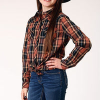Roper Girl's L/S Plaid Western Snap Shirt in Brown