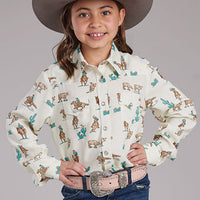 Roper Girl's L/S Ropers Western Snap Shirt in White