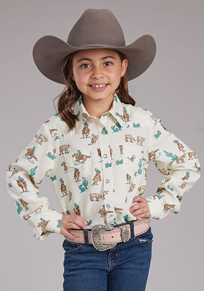 Roper Girl's L/S Ropers Western Snap Shirt in White