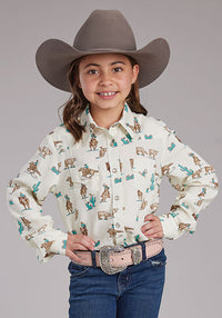 Roper Girl's L/S Ropers Western Snap Shirt in White