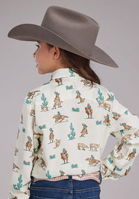 Roper Girl's L/S Ropers Western Snap Shirt in White
