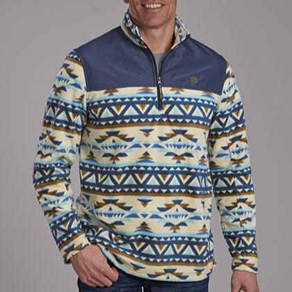 Roper Men's Aztec 1/4 Zip Micro Fleece Pullover in Navy Cream
