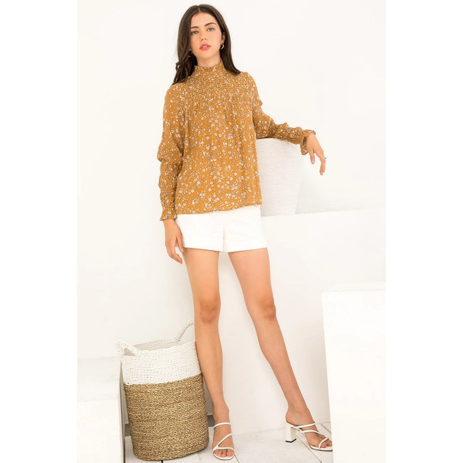 Women's L/S Smocked Floral Print Blouse in Mustard