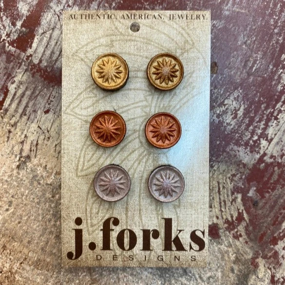 J Forks Metallic Gold/Copper/Pewter Leather Stud Earrings 3 Pack