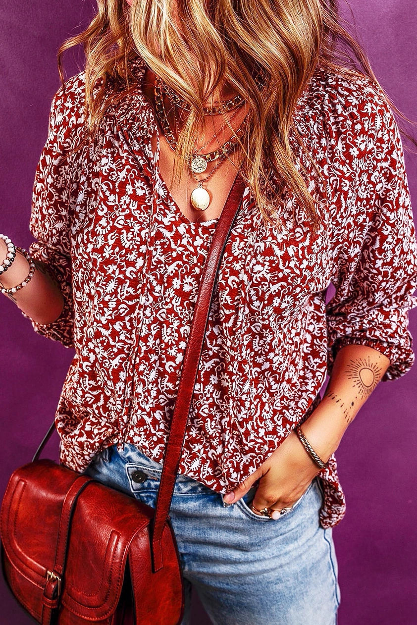 Women's Red and White Western Floral Print Blouse