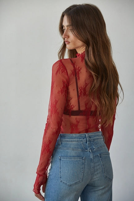 Women's L/S Sheer Floral Lace Mock Neck Mesh Top (Available in 2 Colors)