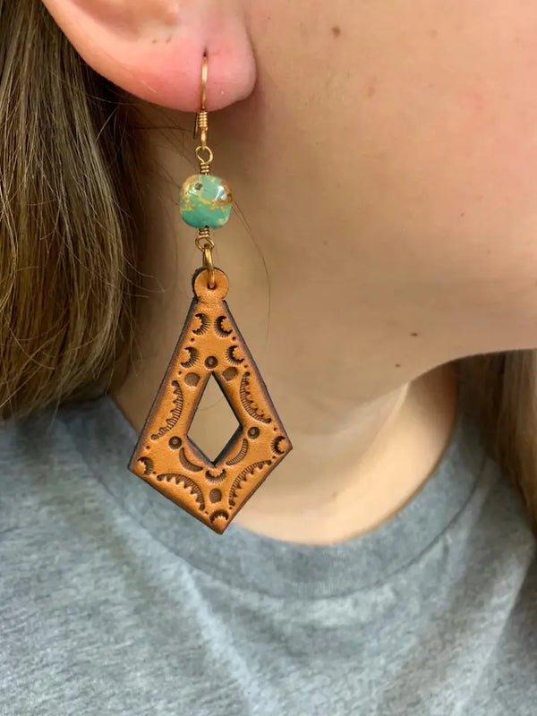 J Forks Turquoise & Diamond Cut Out Leather Dangle Earrings