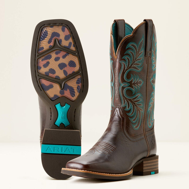 Ariat Western Embroidered Aqua & Brown Cowboy Boots Ariat Womens Brown Turquoise Blanket Embossed Round Up Wide  main image 2