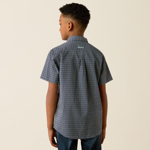 Ariat Boy's S/S Clark Classic Fit Western Button Down Shirt in Navy