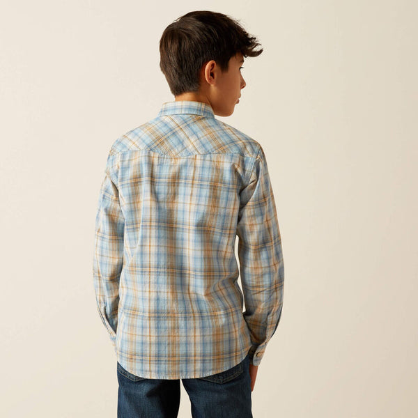 Ariat Boy's L/S Howe Retro Fit Western Snap Shirt in Light Blue Plaid