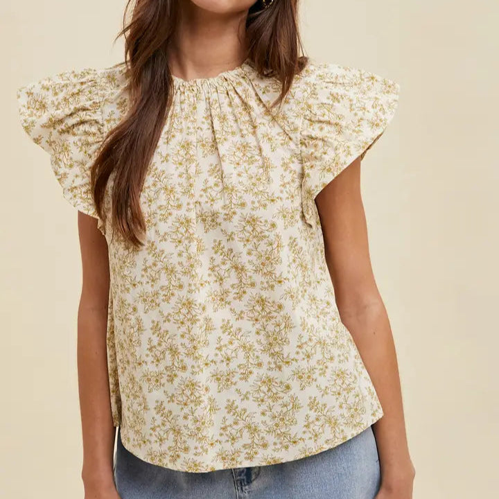 Women's Floral Ruffle Sleeve Blouse in Dijon Natural