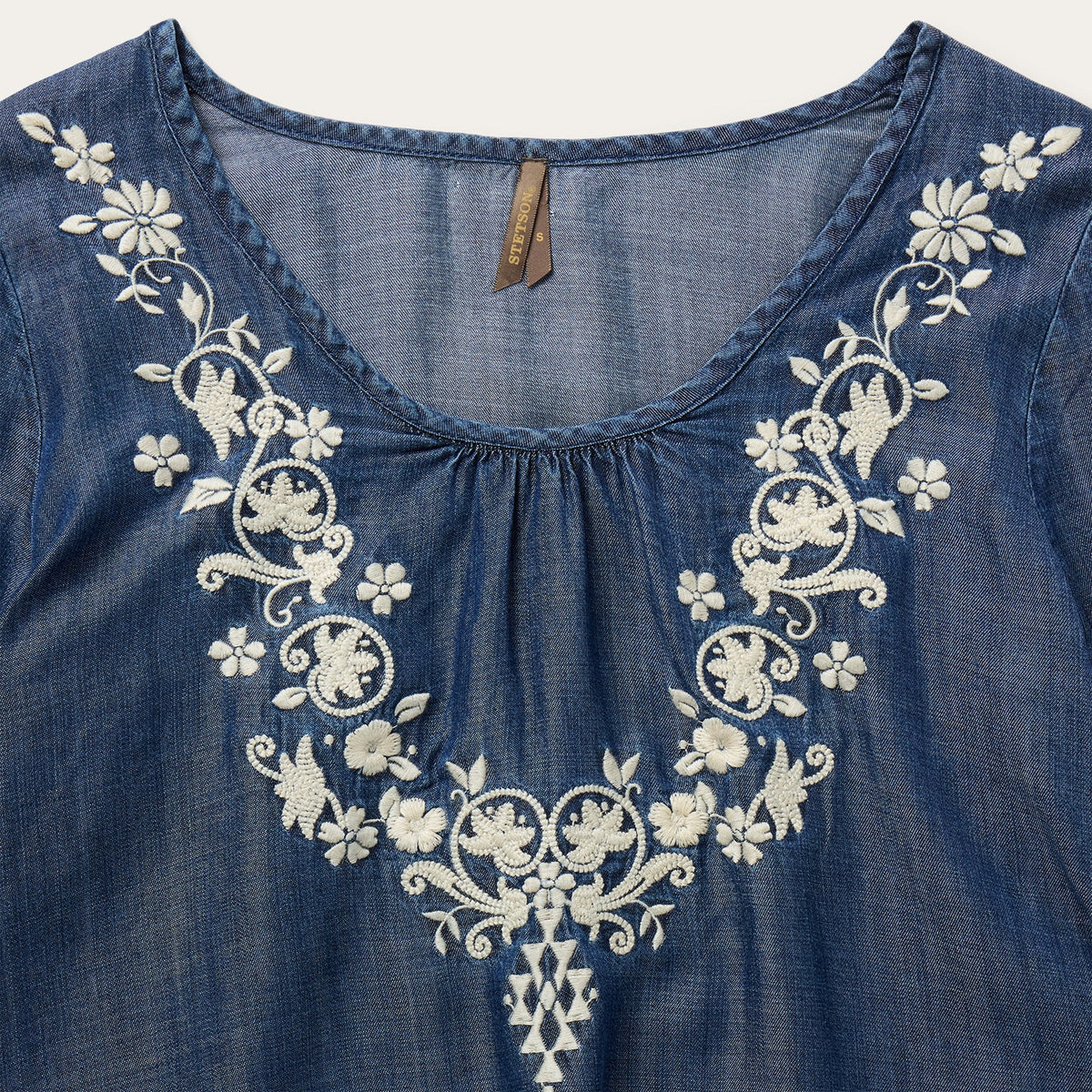 Stetson Women's Floral Embroidered Denim Peasant Blouse in Dark Blue