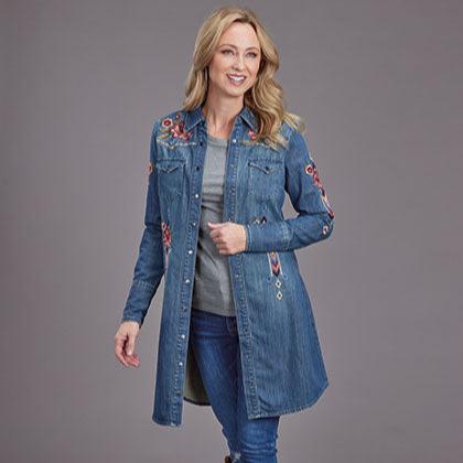 Stetson Women's Lavish Embroidered Denim Western Shirt Dress in Dark W Branded Country Wear Stetson Women's Lavish Embroidered Denim Western Shirt Dress in Dark W Branded Country Wear
