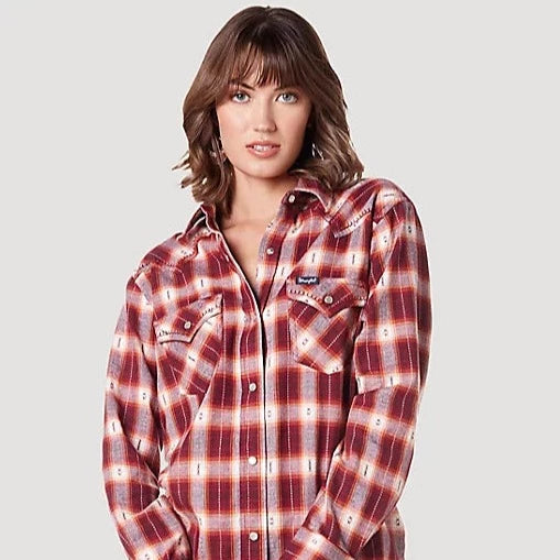 Wrangler Women's Modern Boyfriend Fit Button Down Plaid Shirt in Red
