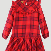 Wrangler Girl’s Ruffle Yoke Drop Waist Flannel Dress in Red