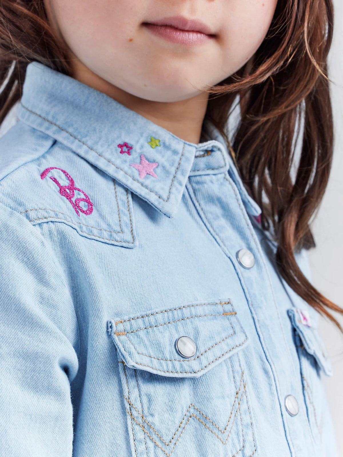 Wrangler x Barbie Girl's Embroidered Denim Shirt Dress in Ken Blue