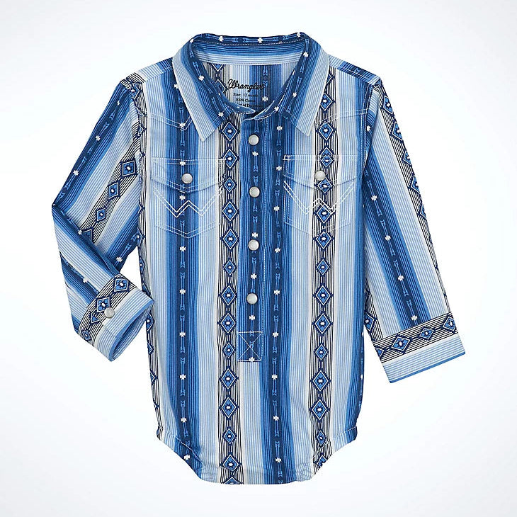 Wrangler Baby Boy's L/S Checotah Western Snap Bodysuit in River Blue