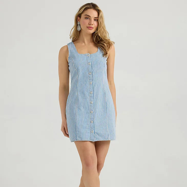 Women's Wrangler Western Button-Down Denim Dress in Railroad Stripe Wrangler Retro Women's Western Railroad Stripe Button Down Denim Dress –  Branded Country Wear