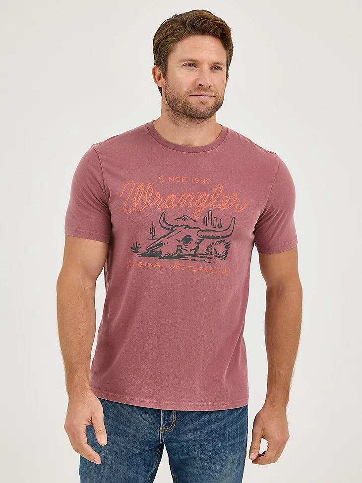 Wrangler Men's Steerhead Mineral Wash Graphic Logo T-Shirt in Steer Ginger