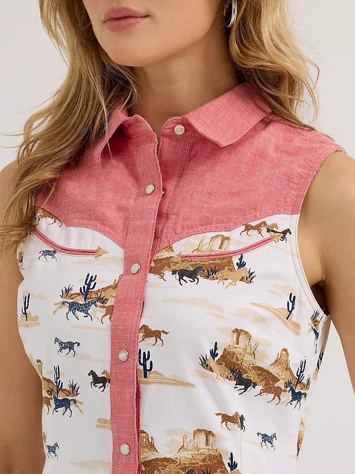 Wrangler Retro Women's Americana Desert Slim Western Snap Tank in Red Desert