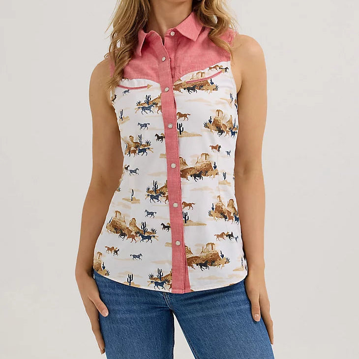 Wrangler Retro Women's Americana Desert Slim Western Snap Tank in Red Desert