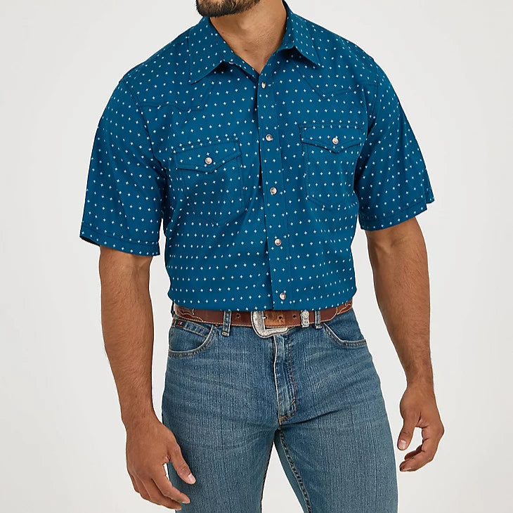 Wrangler Men's 20X Competition S/S Western Snap Shirt in Turquoise Cross