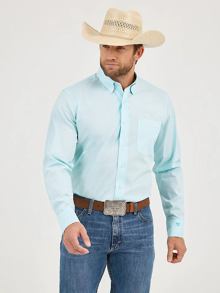 Wrangler Men's L/S Cody Johnson Button Down Shirt in Aqua Burst (Available in Tall Sizes)