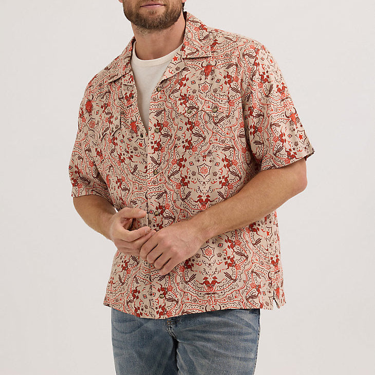 Wrangler Men's S/S Coconut Cowboy Snap Front Camp Shirt in Brown Duel