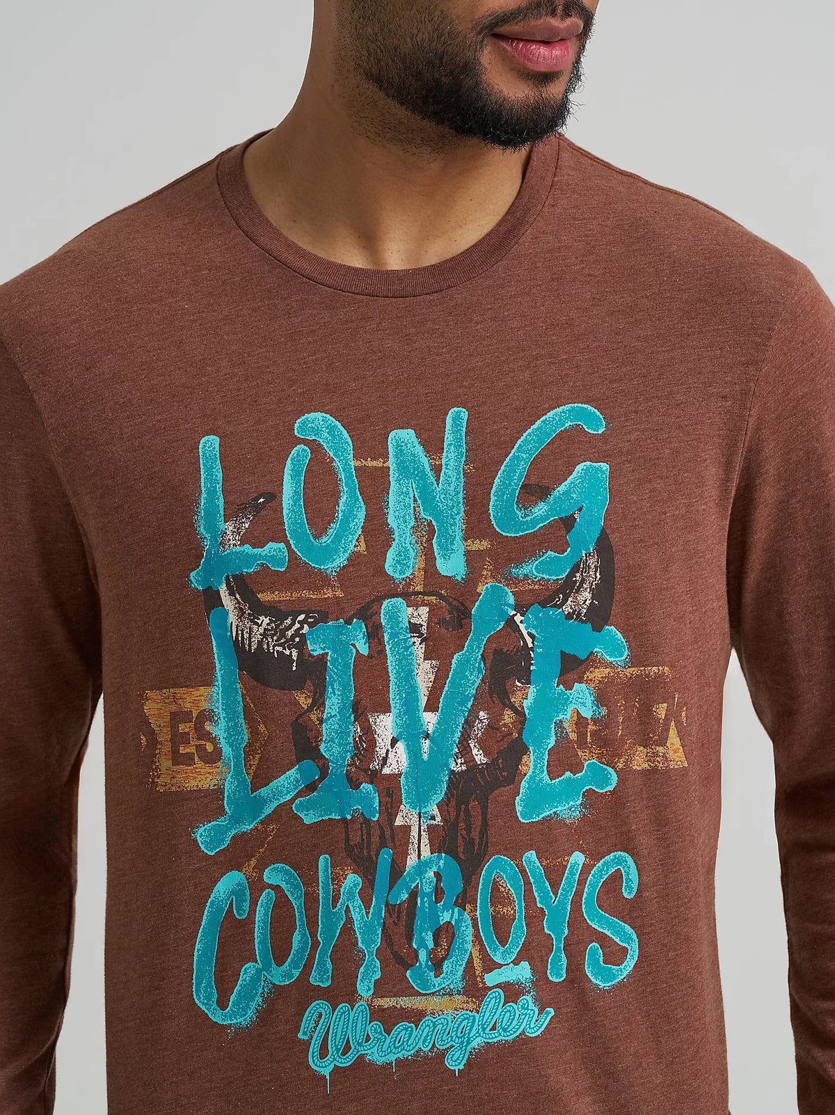 Wrangler Men's L/S Long Live Cowboys Front Graphic Tee in Cappuccino Heather