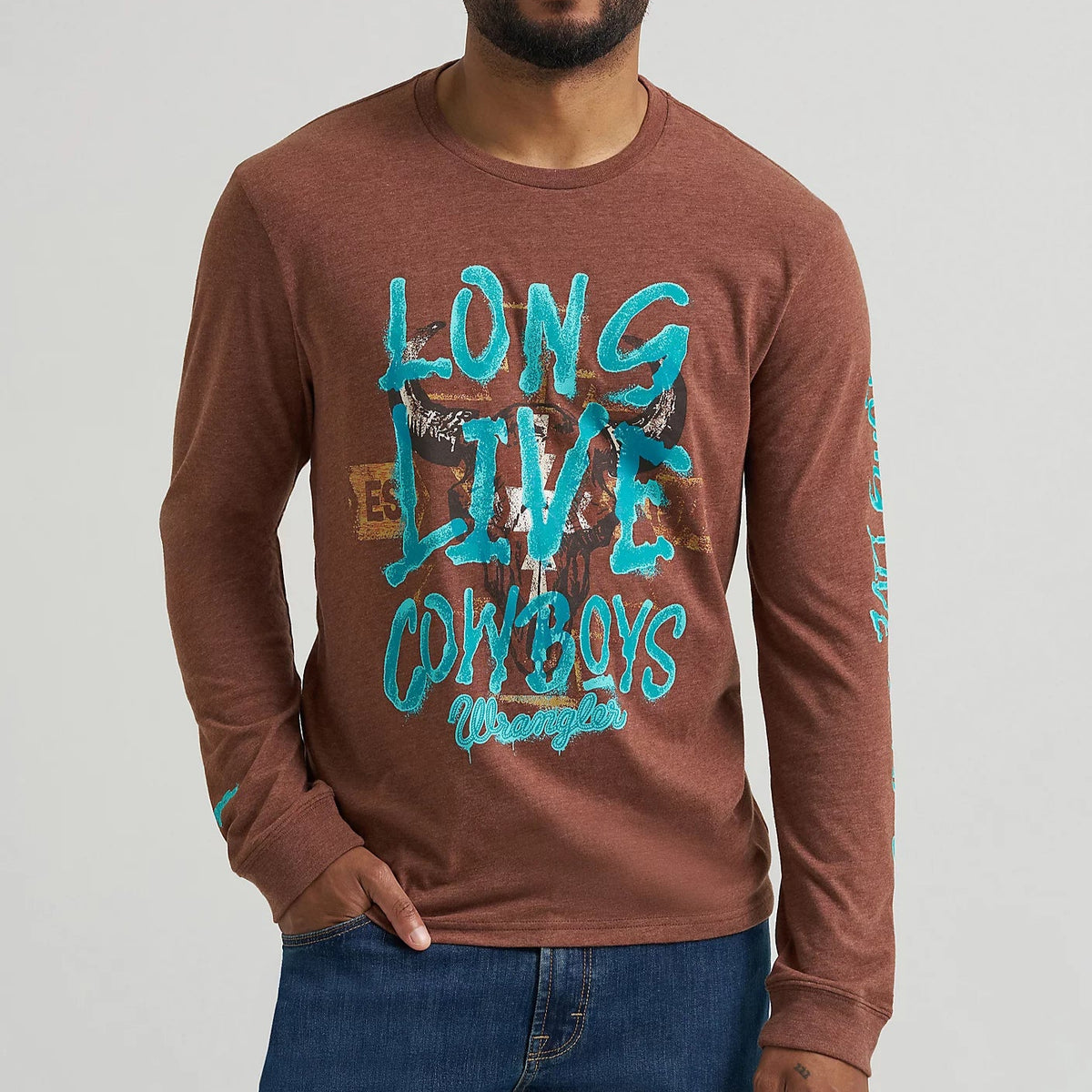 Wrangler Men's L/S Long Live Cowboys Front Graphic Tee in Cappuccino Heather