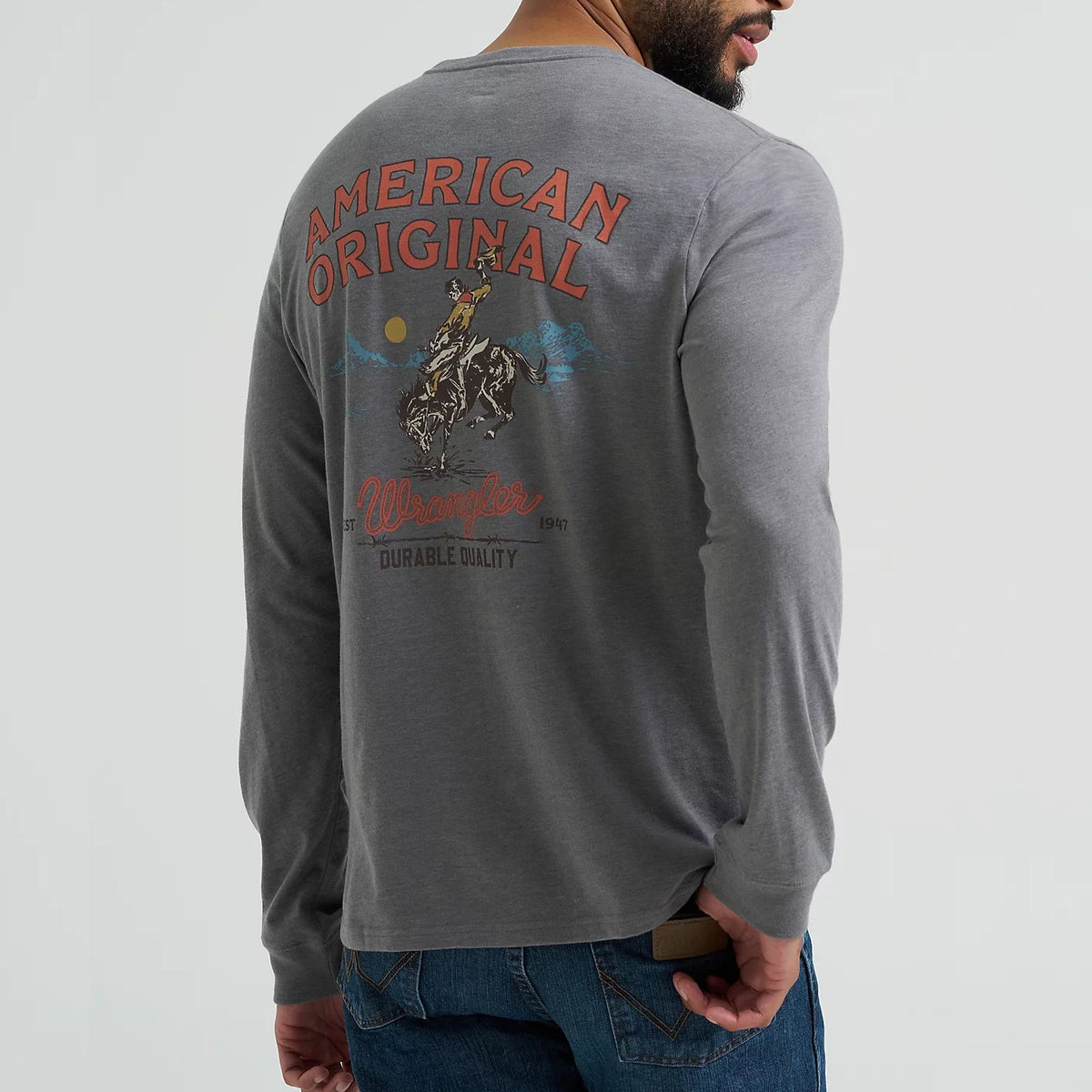 Wrangler Men's L/S Cowboy Back Graphic Tee in Graphite Heather