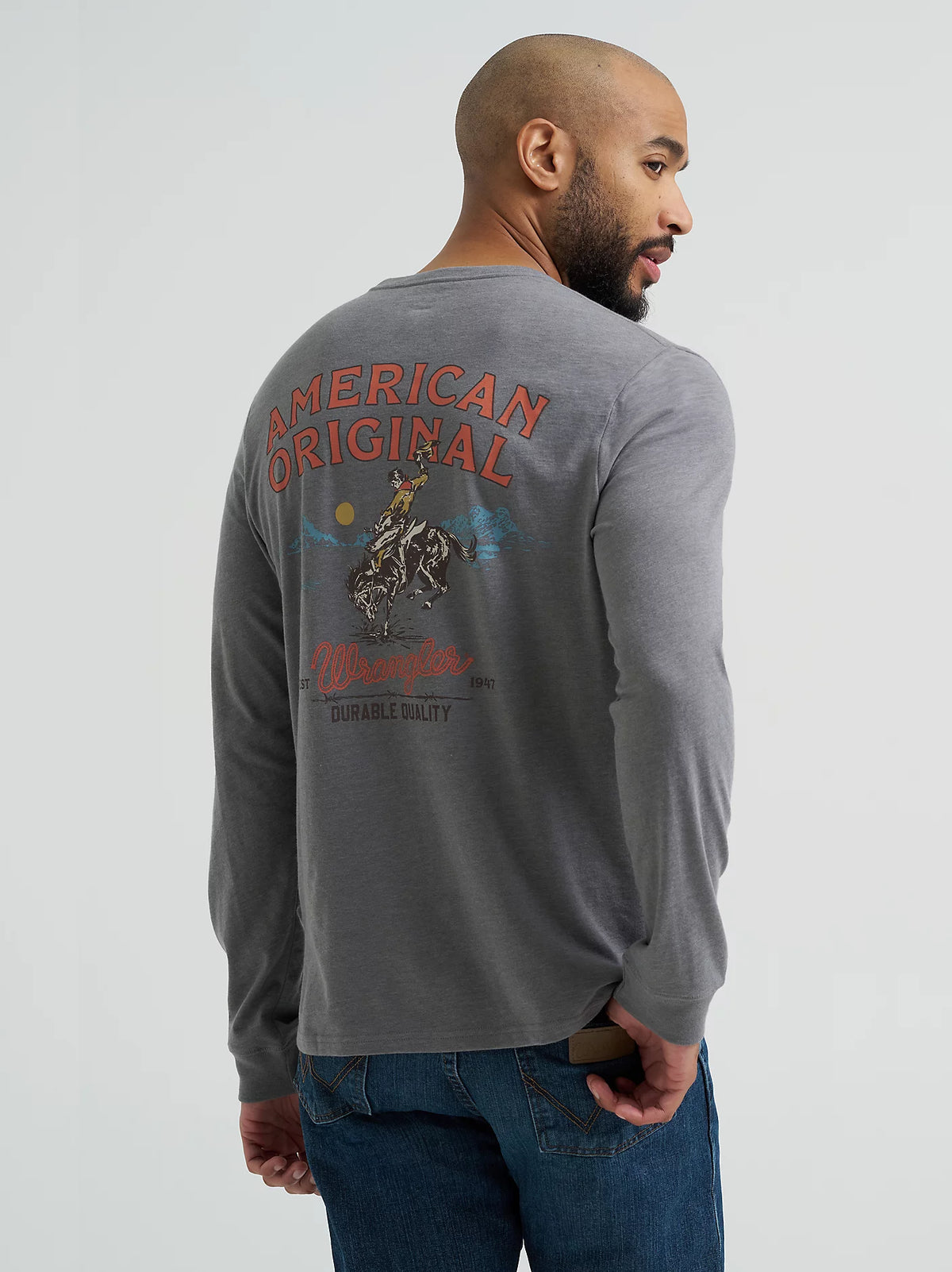 Wrangler Men's L/S Cowboy Back Graphic Tee in Graphite Heather