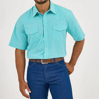 Wrangler Men's S/S Wrinkle Resist Plaid Western Snap Shirt in Bright Turquoise