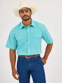 Wrangler Men's S/S Wrinkle Resist Plaid Western Snap Shirt in Bright Turquoise