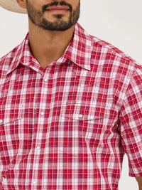 Wrangler Men's S/S Wrinkle Resist Plaid Western Snap Shirt in Candy Apple