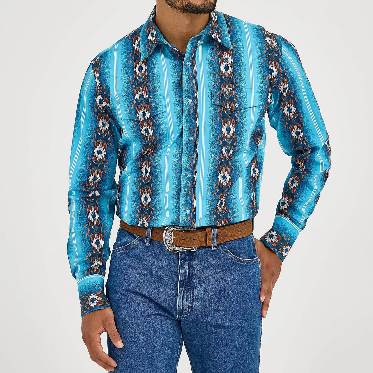 Wrangler Men's Checotah L/S Western Snap Shirt in Sea Salt Blue