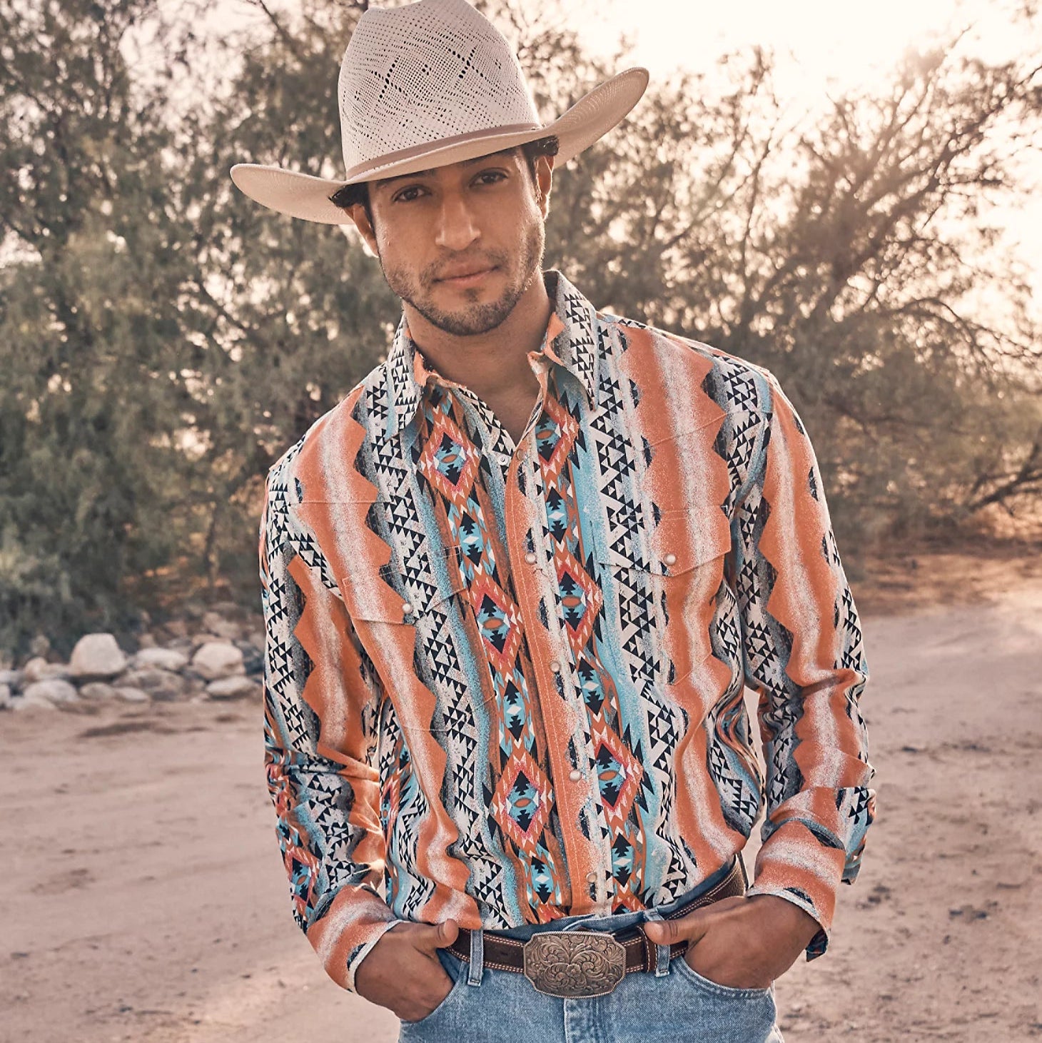 Wrangler Men's Checotah L/S Western Snap Shirt in Orange Bowl Wrangler Men's Checotah L/S Western Snap Shirt in Orange Bowl