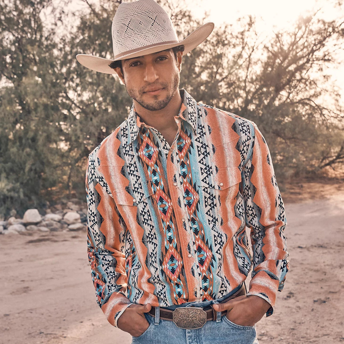 Wrangler Men's Checotah L/S Western Snap Shirt in Orange Bowl