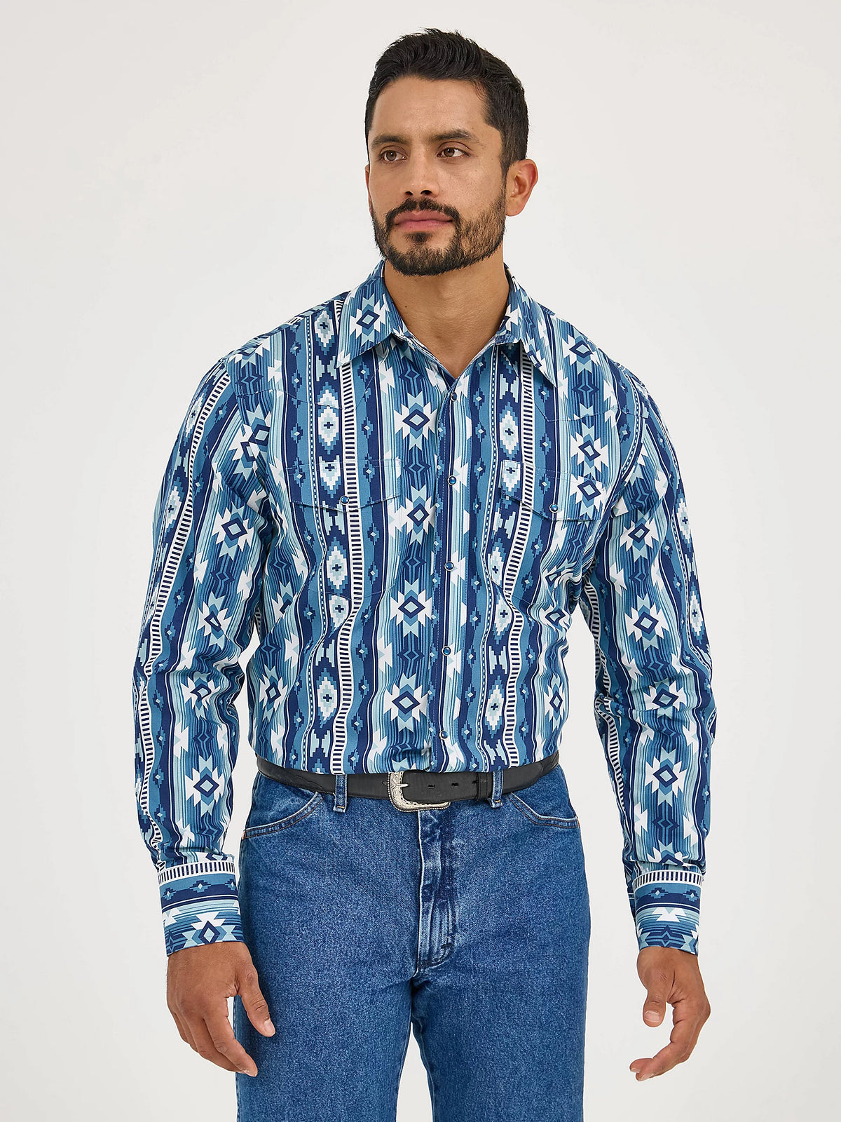 Wrangler Men's Checotah L/S Western Snap Shirt in Ocean Blue (Tall Sizes Available)