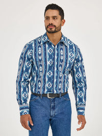 Wrangler Men's Checotah L/S Western Snap Shirt in Ocean Blue (Tall Sizes Available)
