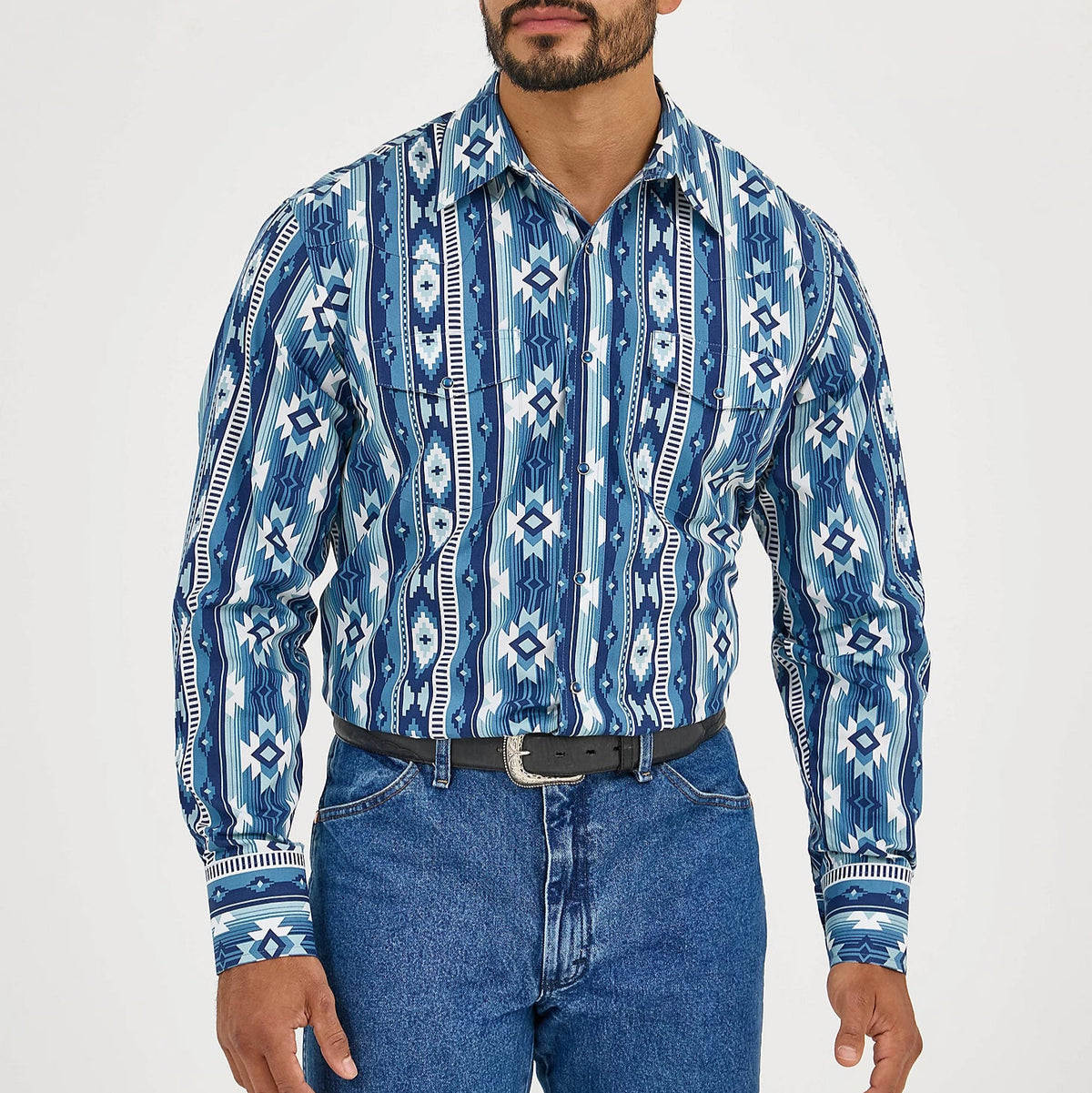 Wrangler Men's Checotah L/S Western Snap Shirt in Ocean Blue (Tall Sizes Available)