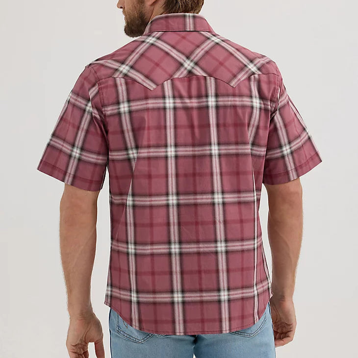 Wrangler Retro Men's S/S Sawtooth Pocket Plaid Western Snap Shirt in Dark Rose